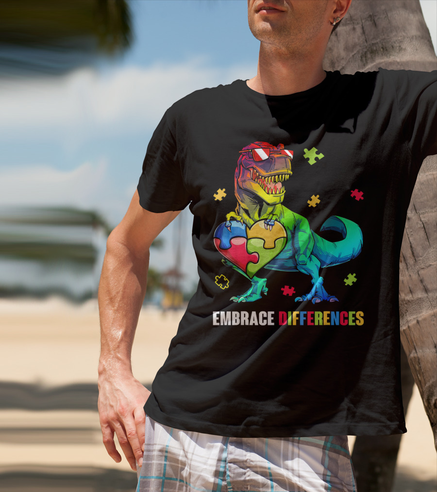 Embrace Differences Dinosaur Holding Heart Puzzle Pieces T-Shirt