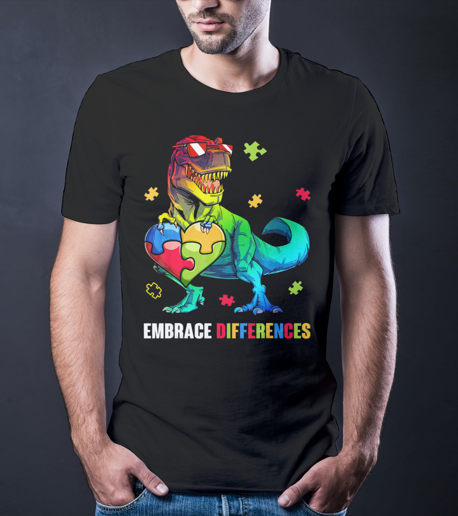 Embrace Differences Dinosaur Holding Heart Puzzle Pieces T-Shirt