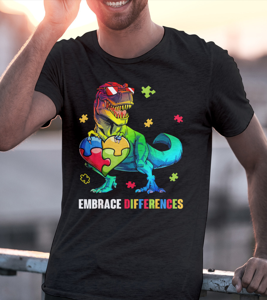 Embrace Differences Dinosaur Holding Heart Puzzle Pieces T-Shirt