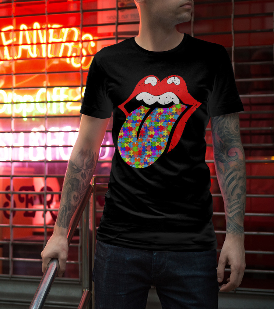 Red Lips Tongue Icon With Colorful Autism Awareness Puzzle Piece T-Shirt