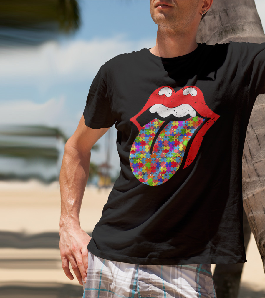 Red Lips Tongue Icon With Colorful Autism Awareness Puzzle Piece T-Shirt