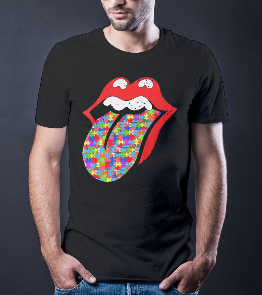 Red Lips Tongue Icon With Colorful Autism Awareness Puzzle Piece T-Shirt