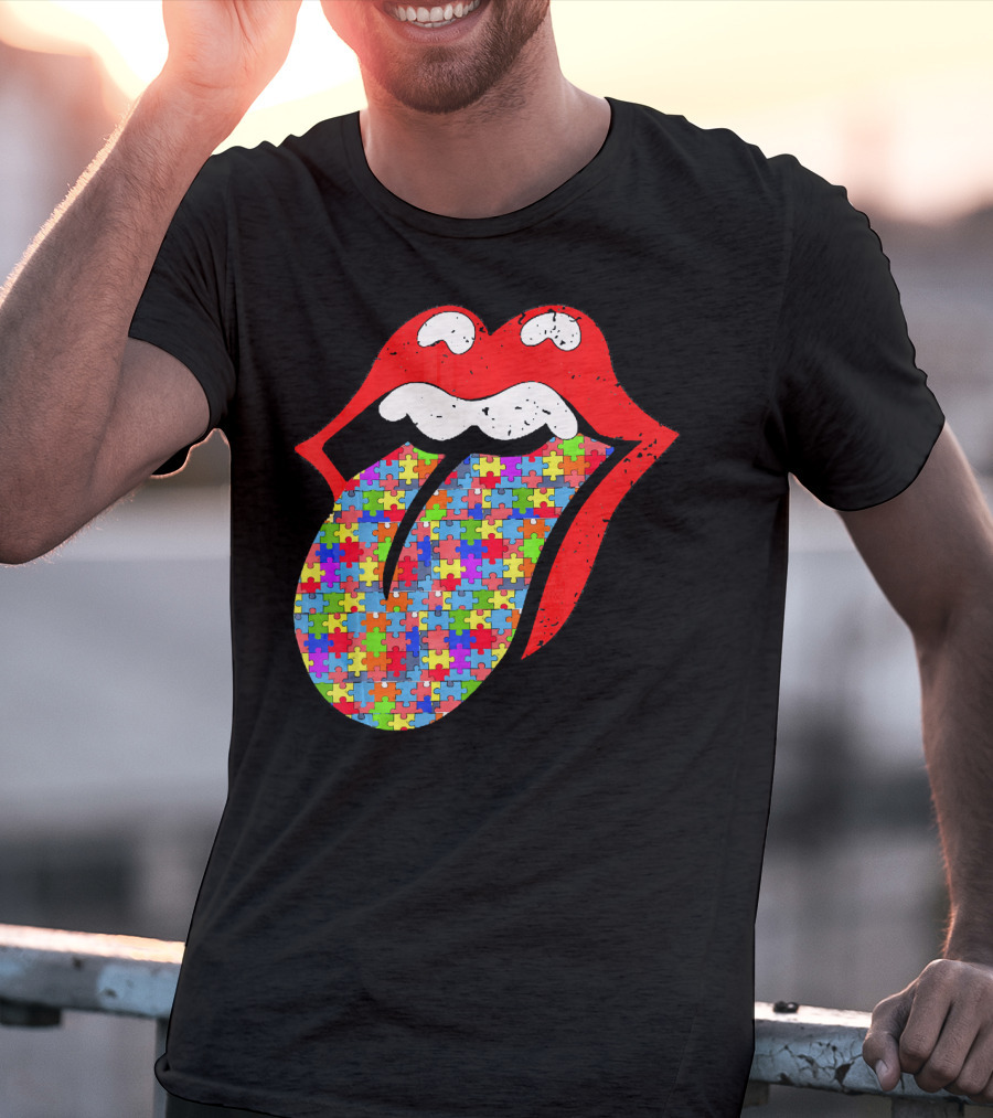 Red Lips Tongue Icon With Colorful Autism Awareness Puzzle Piece T-Shirt