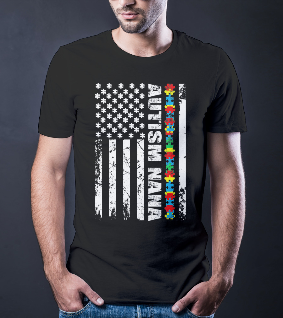 Autism Nana American Flag Puzzle Pieces Autism Awareness T-Shirt