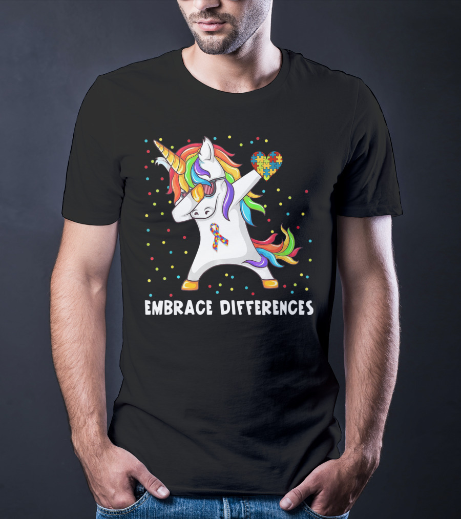 Embrace Differences Rainbow Dabbing Unicorn Puzzle Heart Autism Awareness T-Shirt