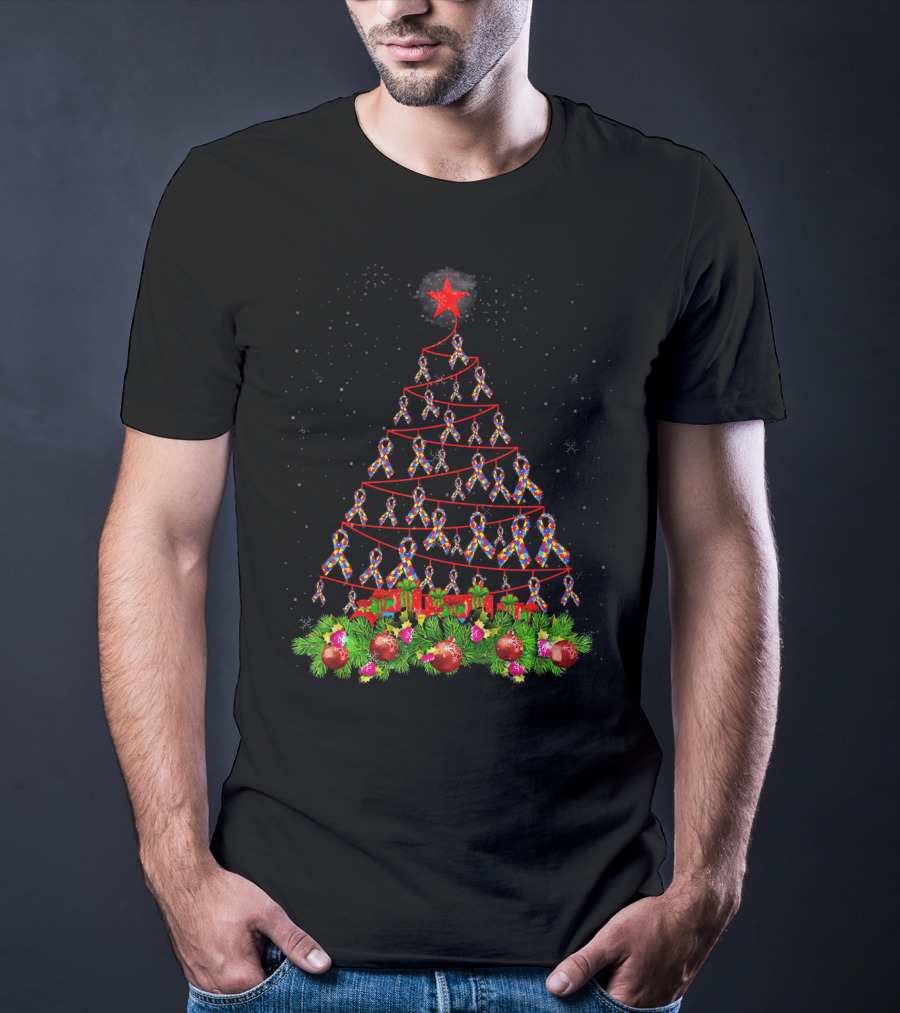 Autism Awareness Ribbon Christmas Tree With Red Star And Ornaments T-Shirt