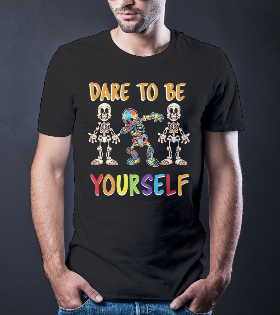 Dare To Be Yourself Autism Awareness Day Skeleton Dabbing T-Shirt