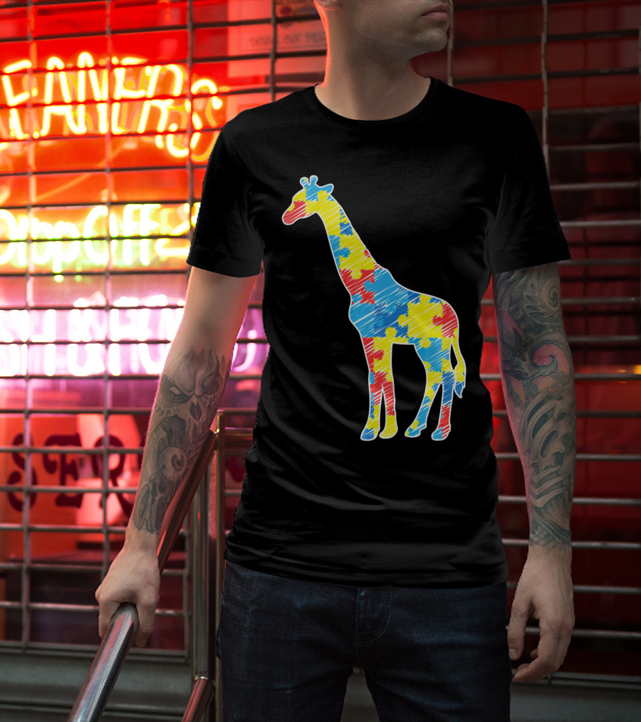 Cute Giraffe Puzzle Pattern Autism Awareness T-Shirt