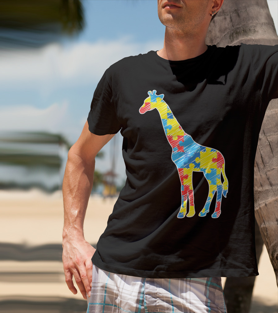 Cute Giraffe Puzzle Pattern Autism Awareness T-Shirt