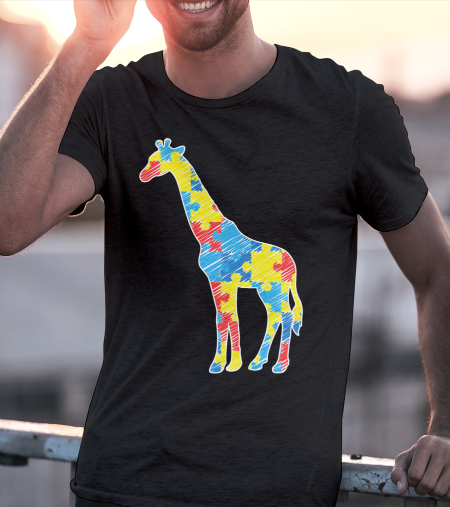 Cute Giraffe Puzzle Pattern Autism Awareness T-Shirt