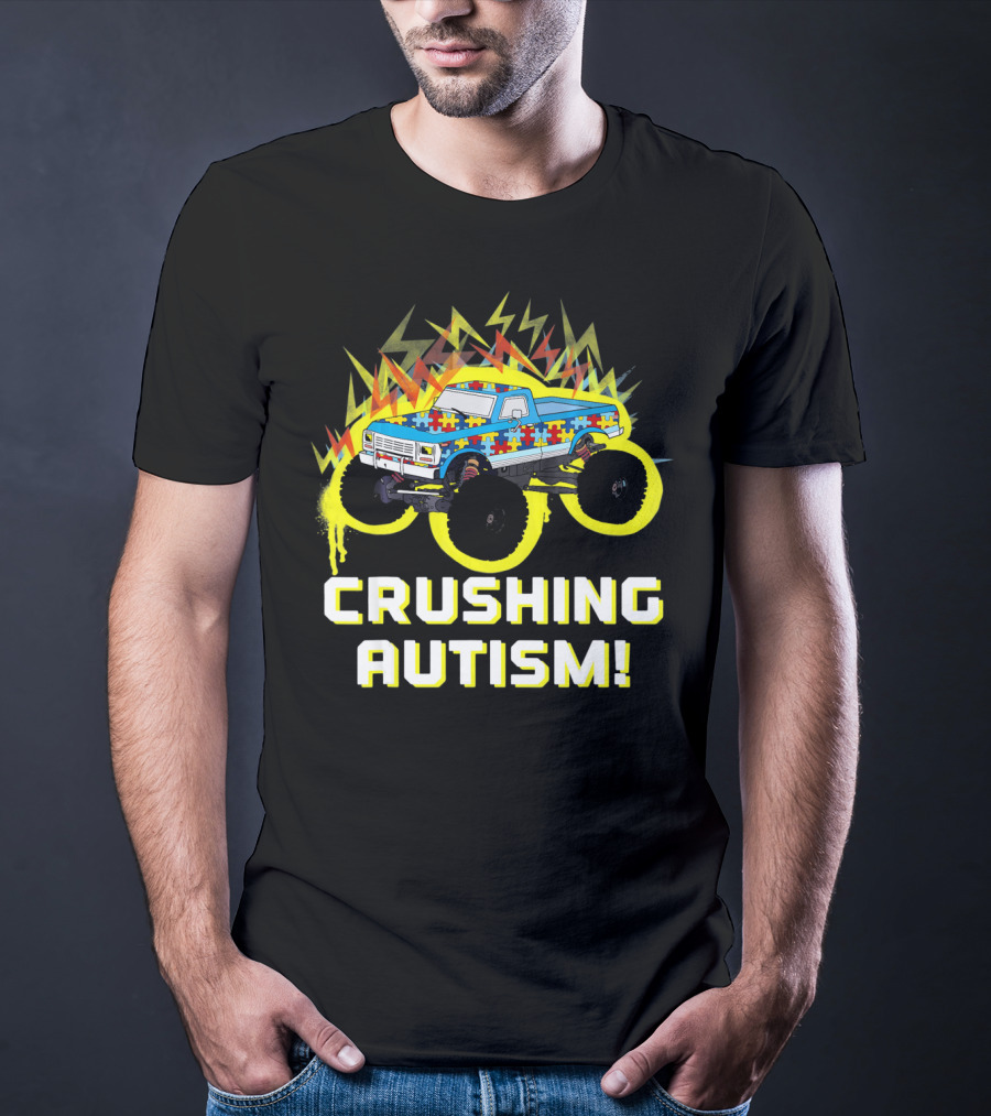 Crushing Autism Awareness Monster Truck With Puzzle Pattern And Lightning T-Shirt