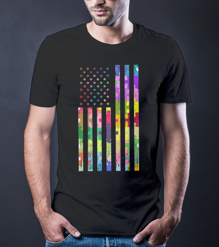 Autism Awareness Puzzle Pattern American Flag T-Shirt