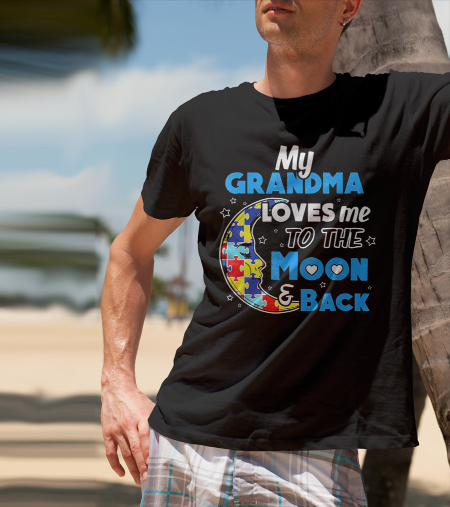 My Grandma Loves Me To The Moon And Back Puzzle Piece Moon Hearts Stars T-Shirt
