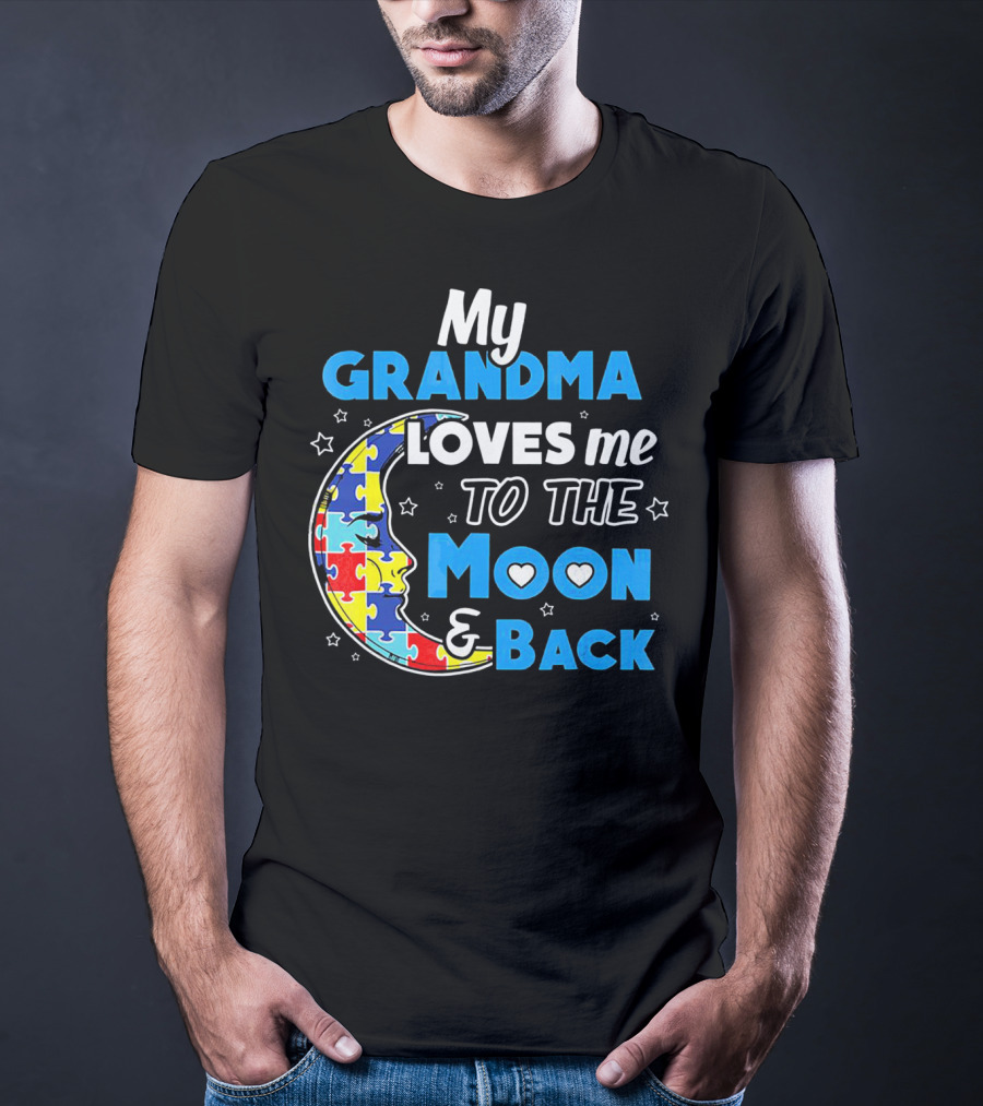 My Grandma Loves Me To The Moon And Back Puzzle Piece Moon Hearts Stars T-Shirt