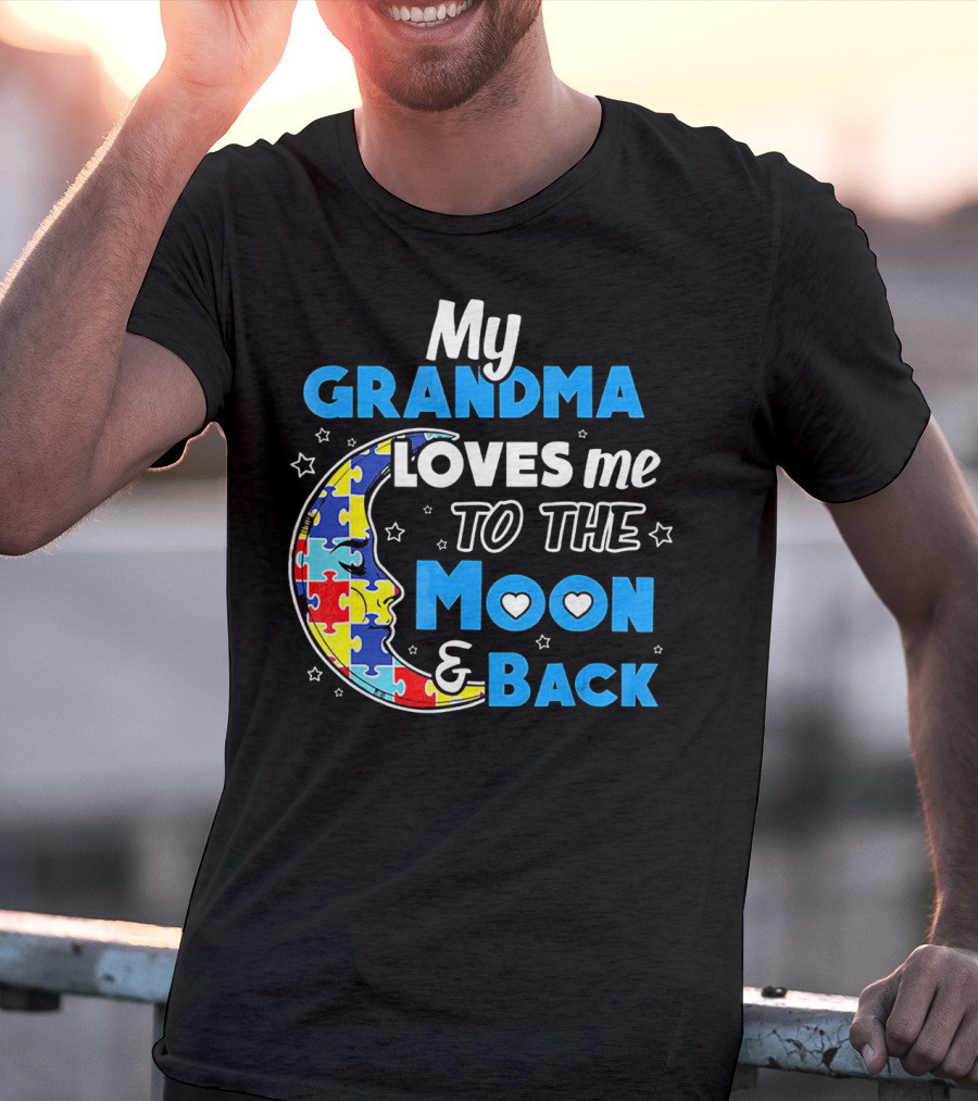 My Grandma Loves Me To The Moon And Back Puzzle Piece Moon Hearts Stars T-Shirt