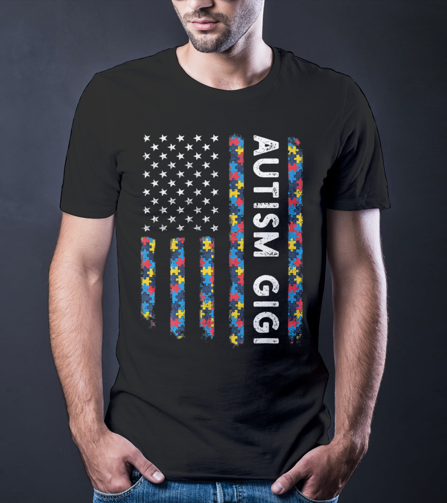 Autism Gigi American Flag Puzzle Piece Awareness T-Shirt