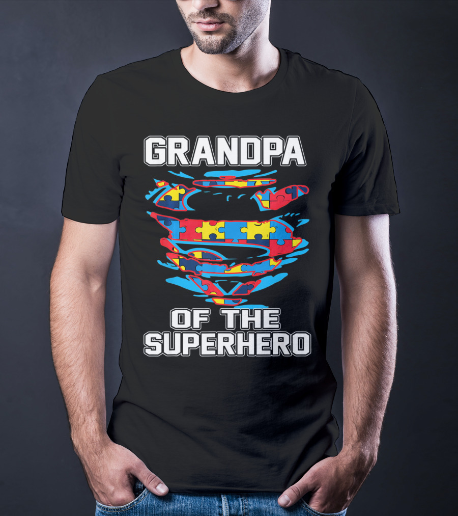 Grandpa Of The Superhero Autism Awareness Puzzle Swirl Crest T-Shirt
