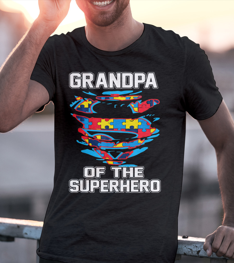 Grandpa Of The Superhero Autism Awareness Puzzle Swirl Crest T-Shirt