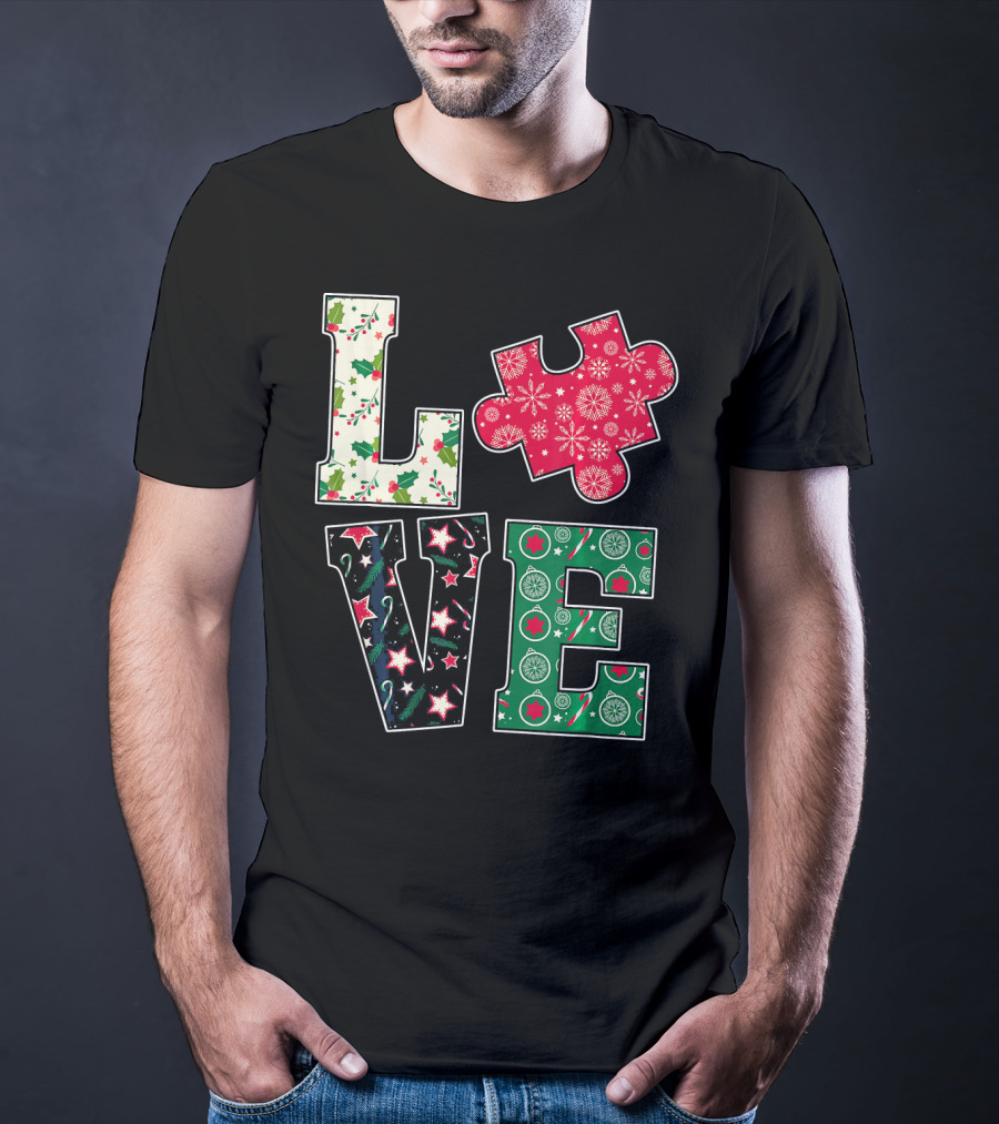 LOVE Puzzle Christmas Autism Awareness Holiday T-Shirt