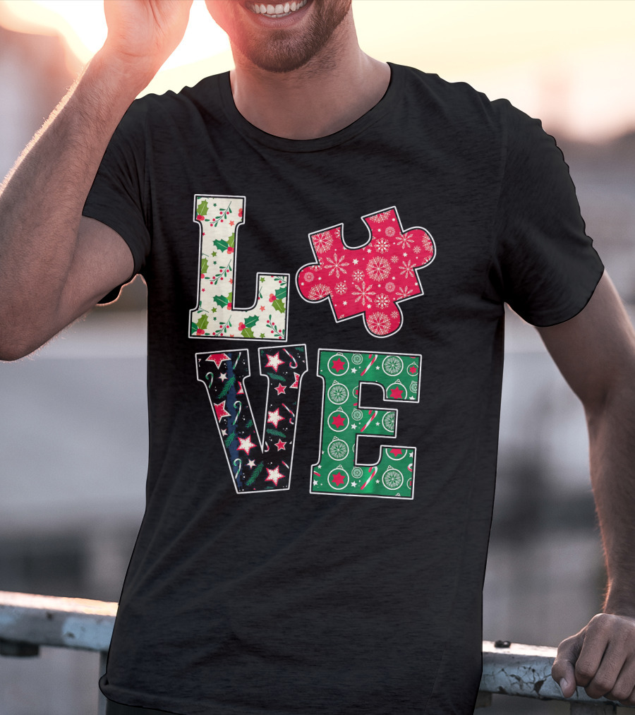 LOVE Puzzle Christmas Autism Awareness Holiday T-Shirt
