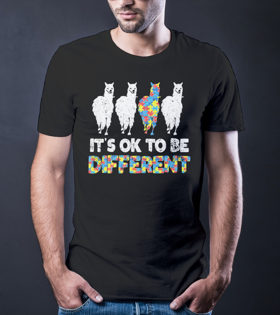 Autism Awareness Llama It's OK To Be Different Puzzle T-Shirt