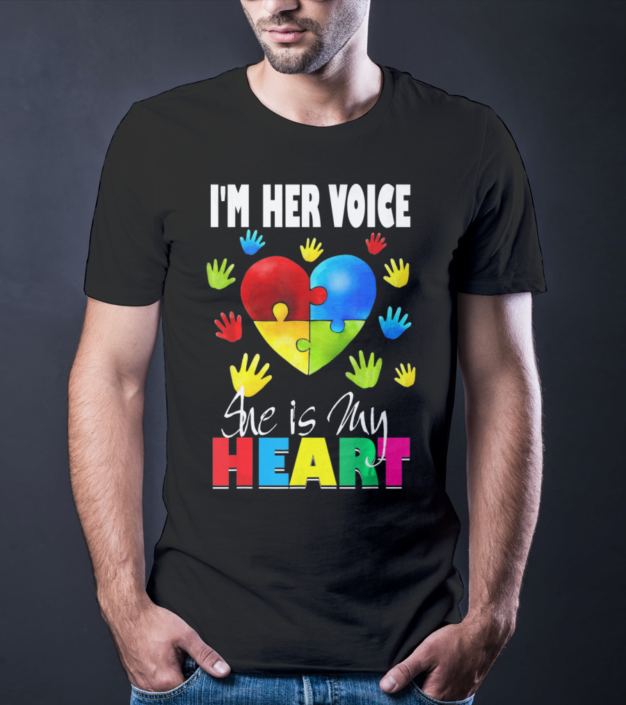 I'm Her Voice She Is My Heart Autism Awareness Puzzle Hands T-Shirt