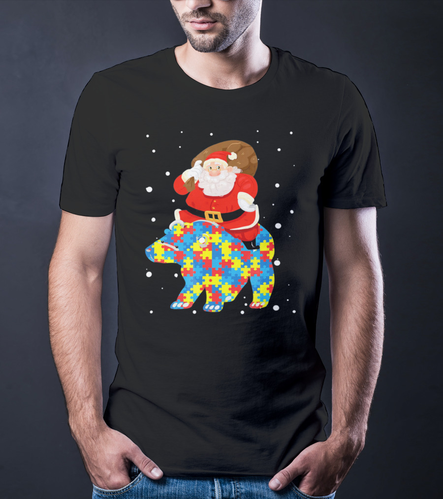 Santa Claus Riding Puzzle Bear Christmas Autism T-Shirt