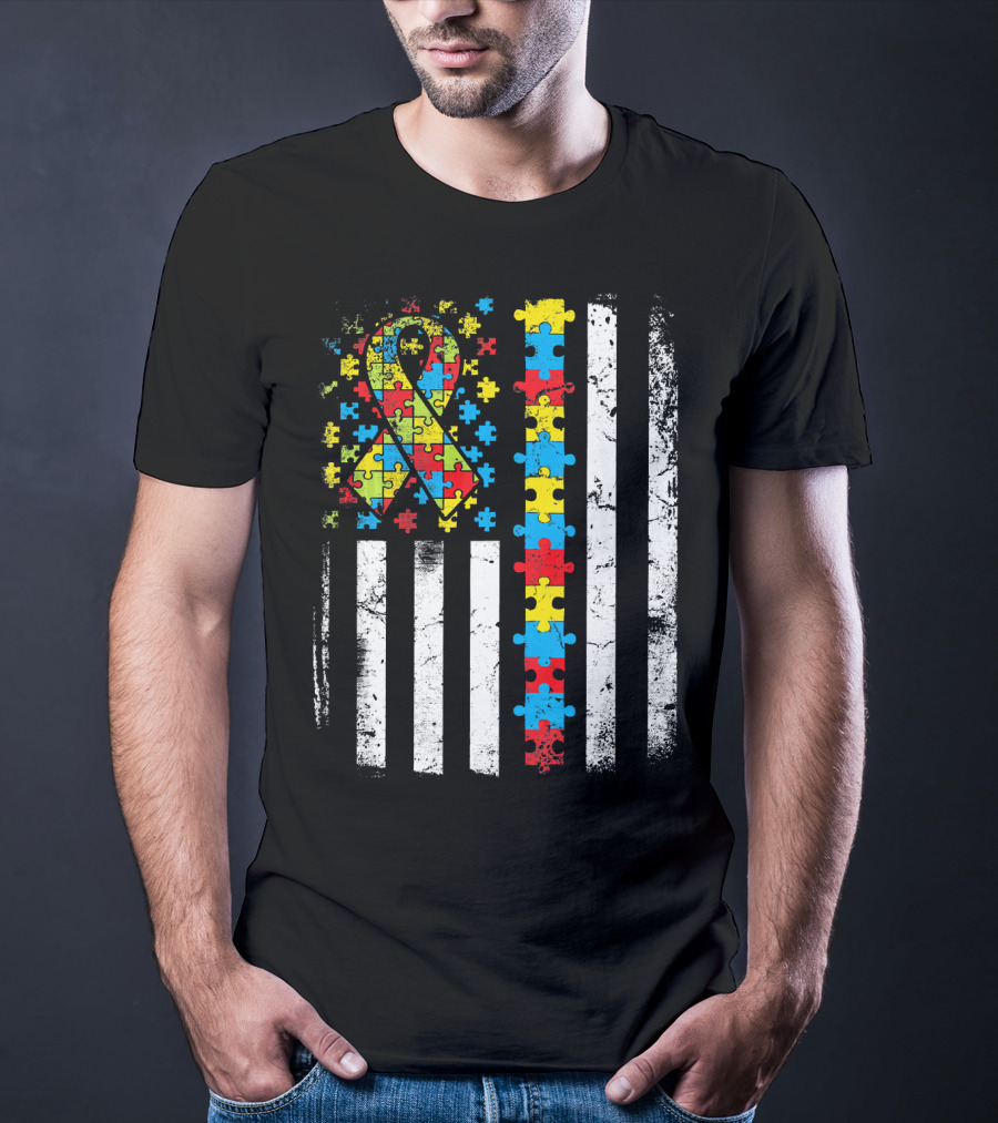 Autism Awareness American Flag Puzzle T-Shirt