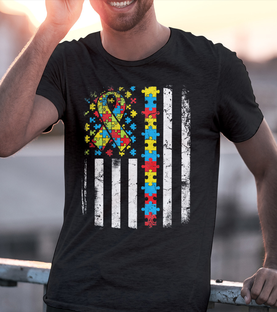 Autism Awareness American Flag Puzzle T-Shirt