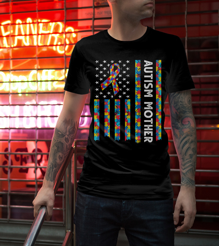 Autism Mother Puzzle Ribbon American Flag Awareness T-Shirt