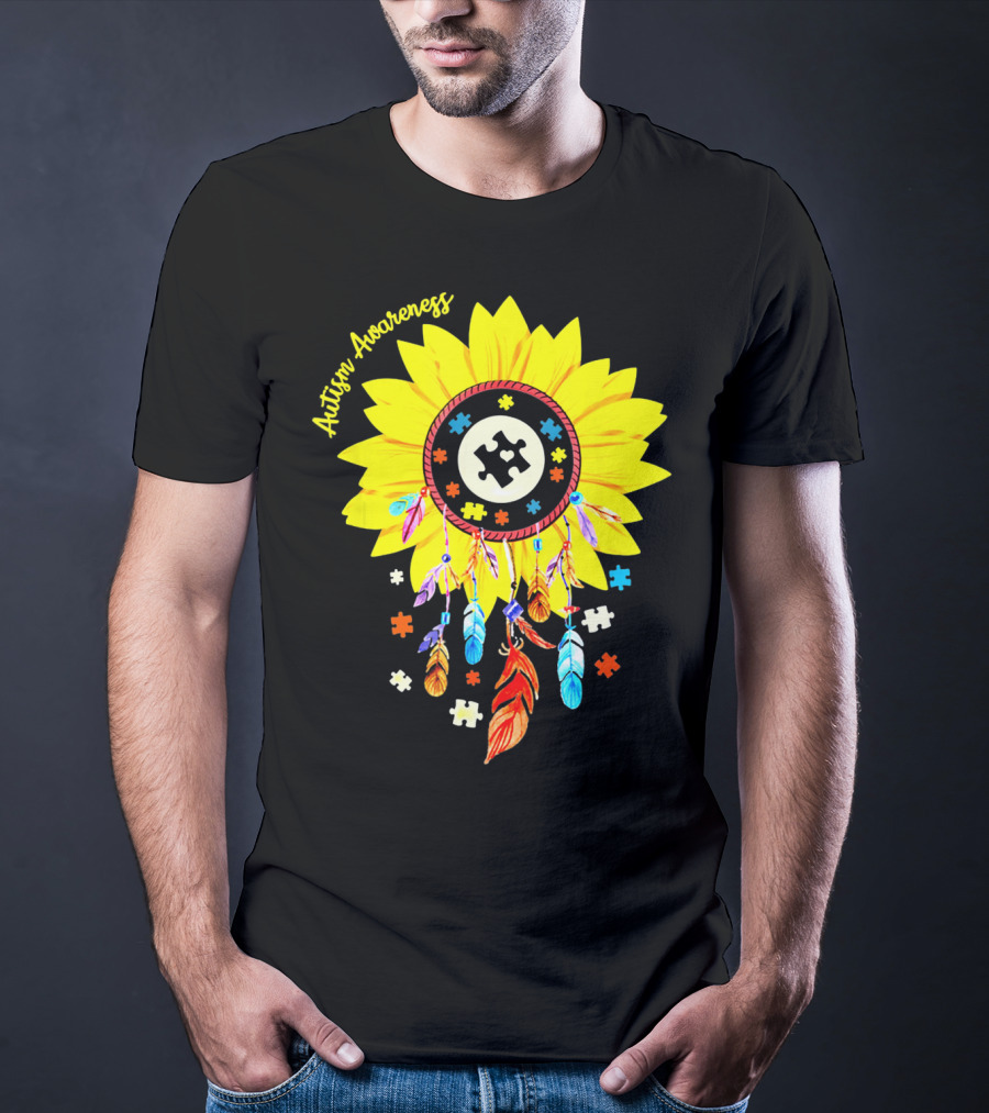 Autism Awareness Dream Catcher Sunflower With Puzzle Pieces T-Shirt