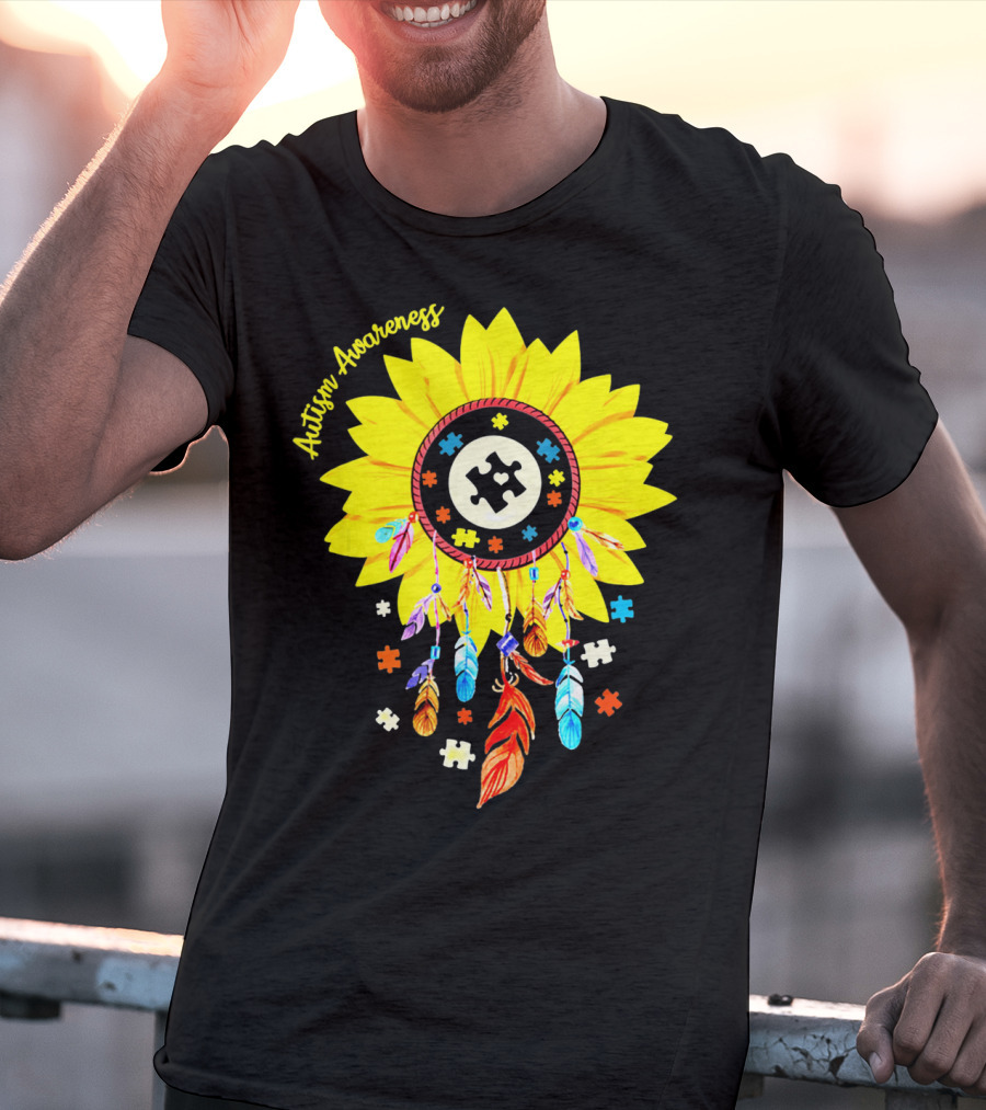 Autism Awareness Dream Catcher Sunflower With Puzzle Pieces T-Shirt