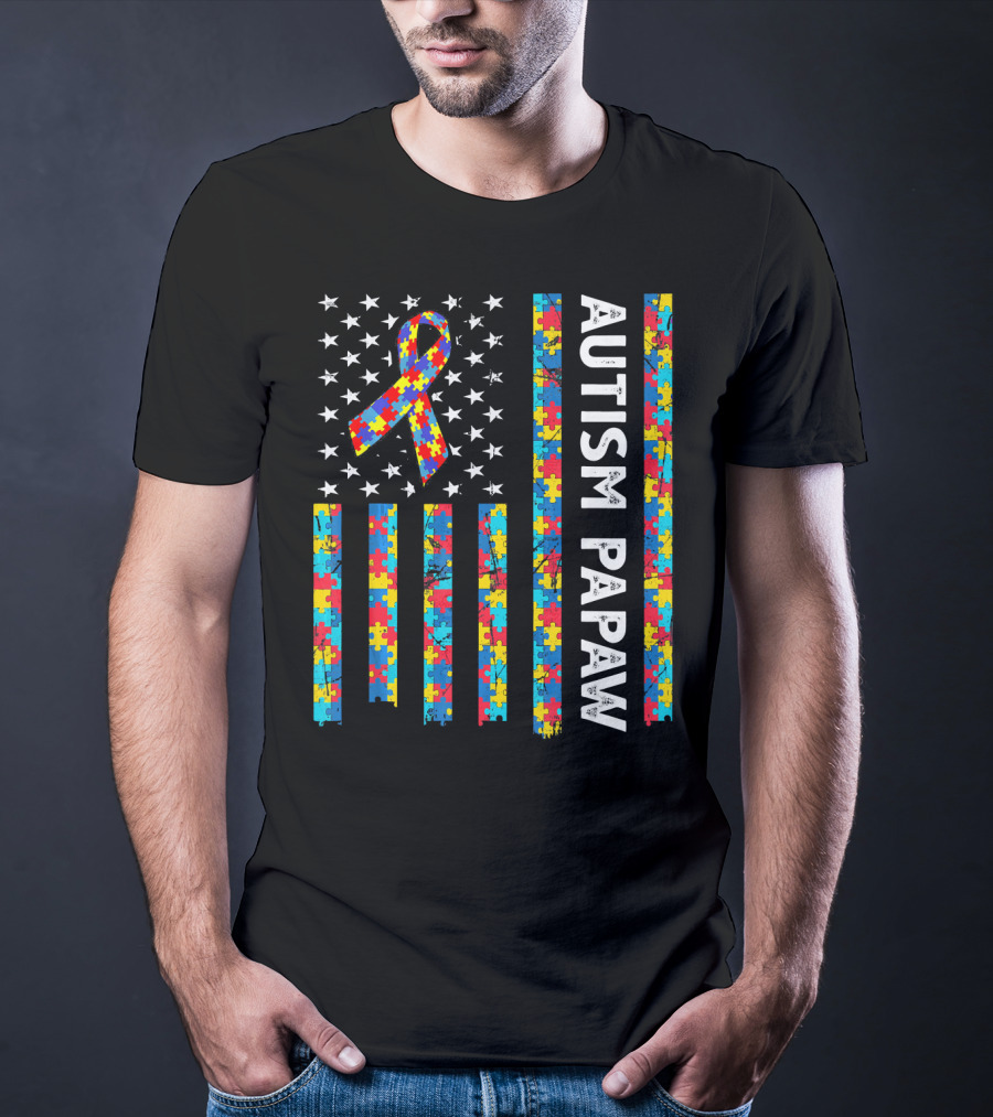 Autism Awareness Papaw American Flag Puzzle T-Shirt