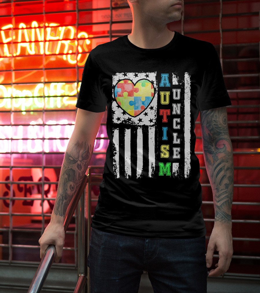 Autism Uncle US Flag Puzzle Heart T-Shirt