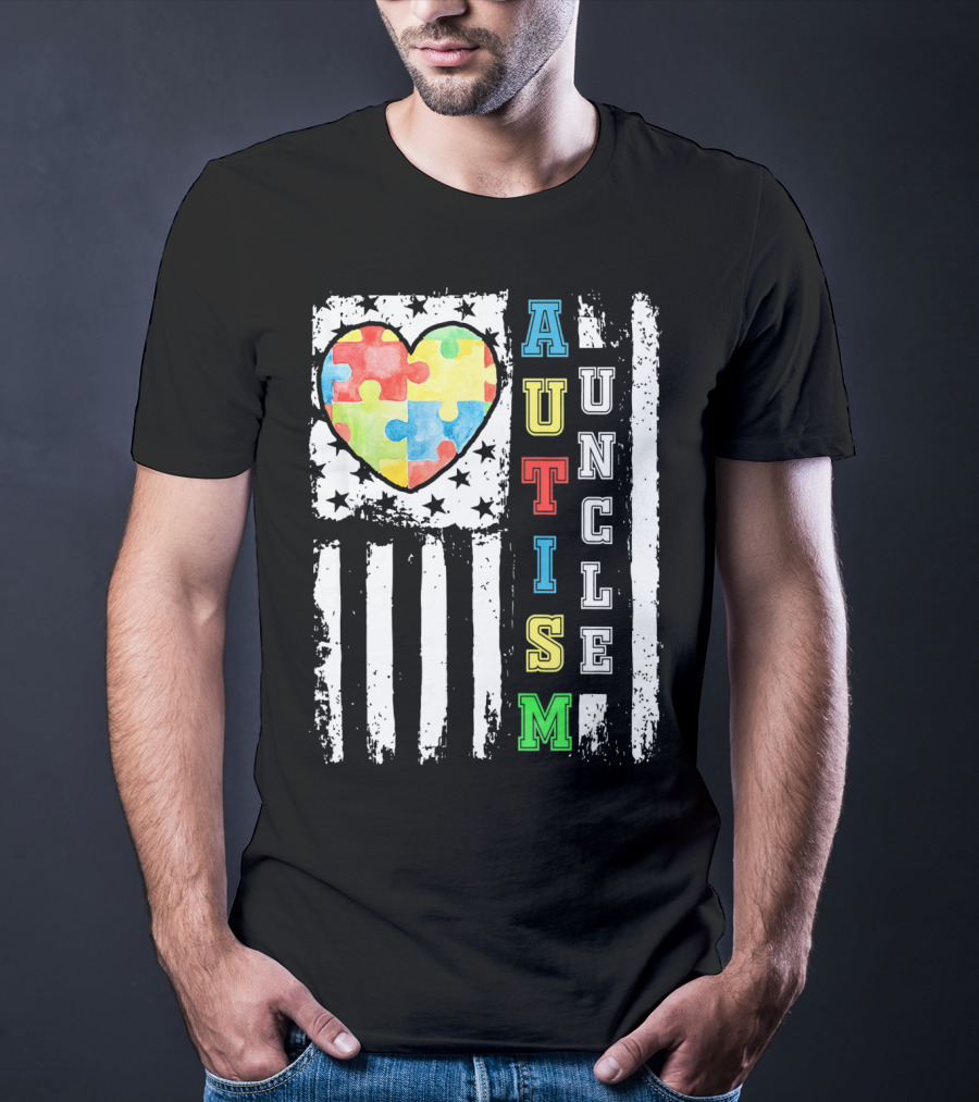 Autism Uncle US Flag Puzzle Heart T-Shirt