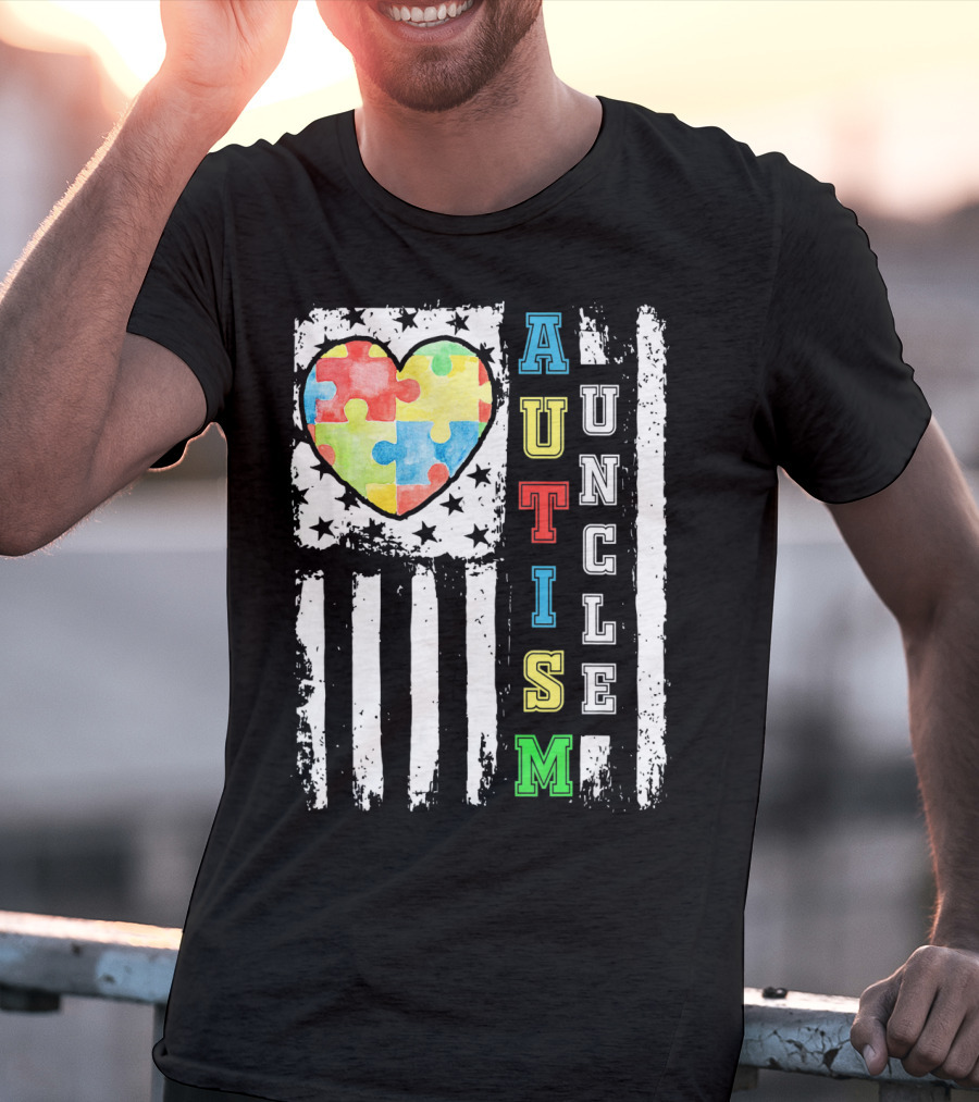 Autism Uncle US Flag Puzzle Heart T-Shirt
