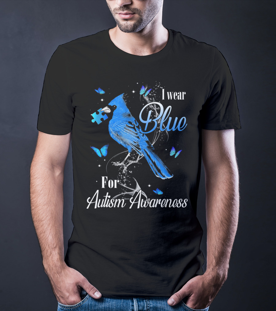 I Wear Blue For Autism Awareness Cardinal Bird Puzzle Piece Butterfly T-Shirt
