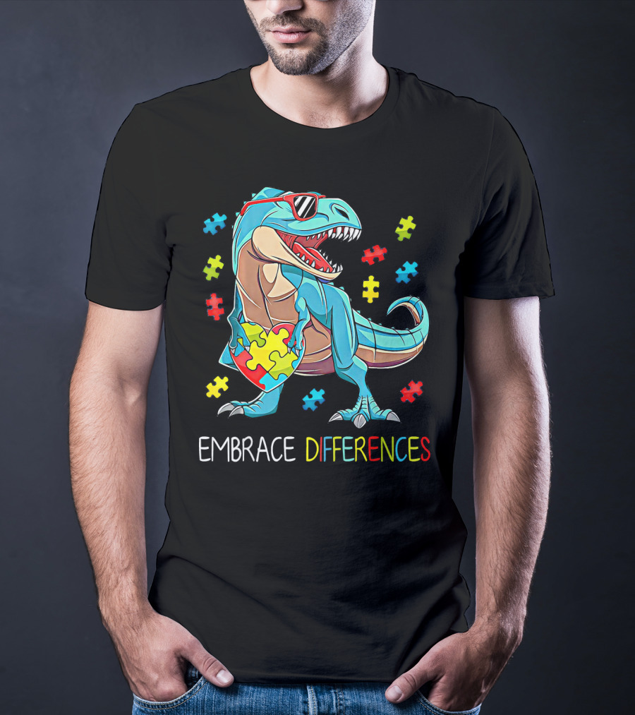 Embrace Differences Autism Awareness Dinosaur Rex Puzzle T-Shirt