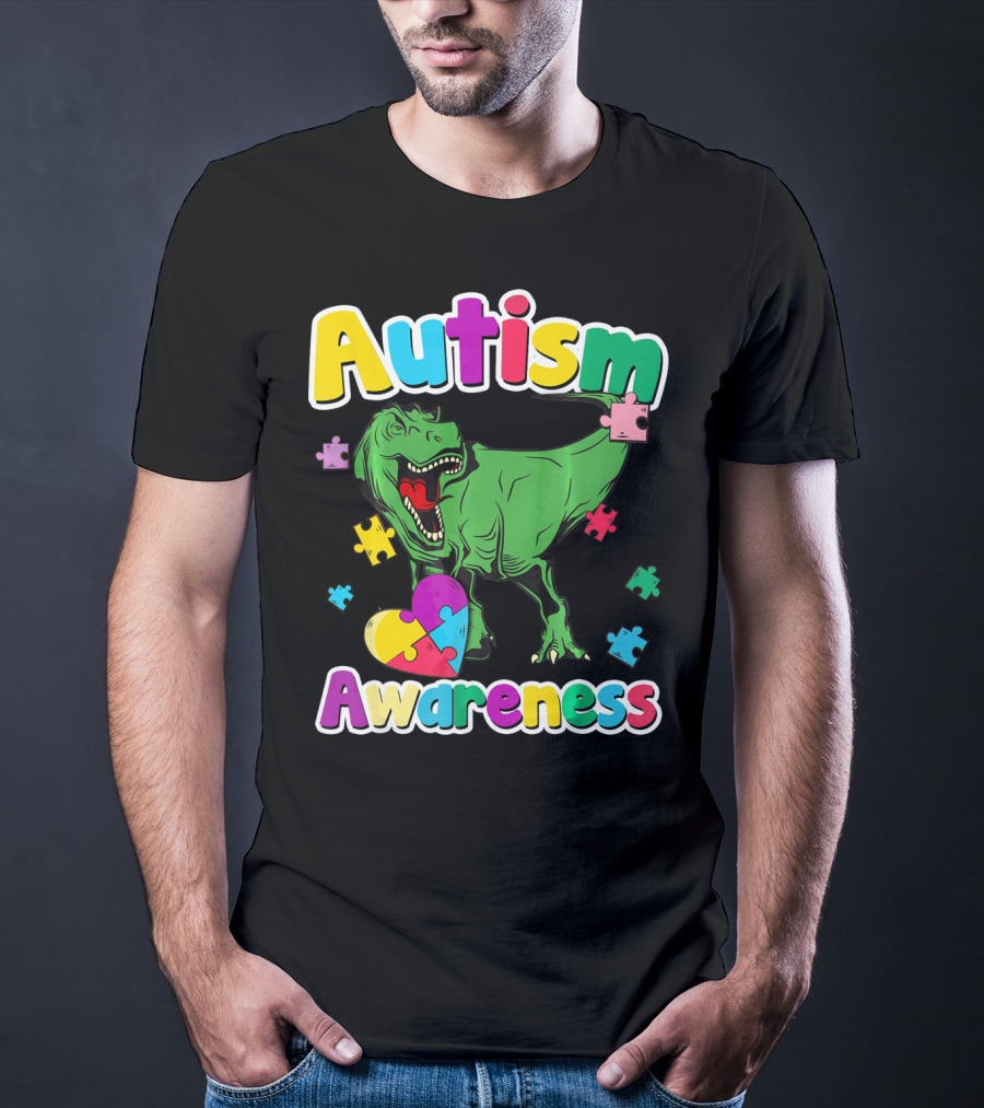 Autism Awareness Colorful Puzzle Tyrannosaurus T-Shirt