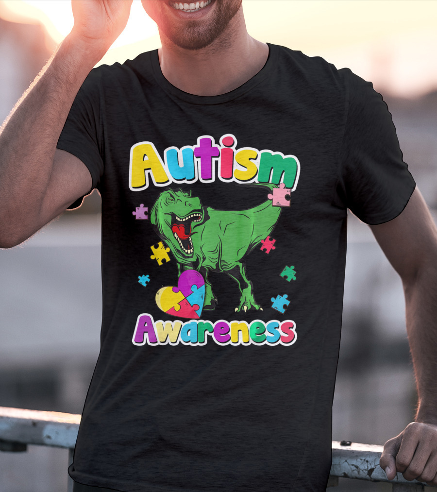 Autism Awareness Colorful Puzzle Tyrannosaurus T-Shirt