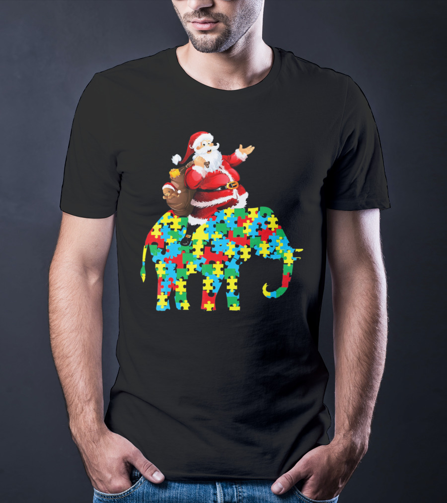 Santa Claus Riding Puzzle Piece Elephant Christmas Autism T-Shirt