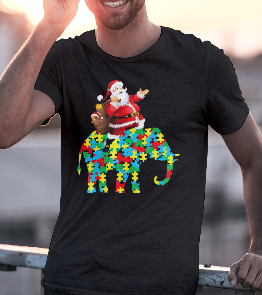 Santa Claus Riding Puzzle Piece Elephant Christmas Autism T-Shirt