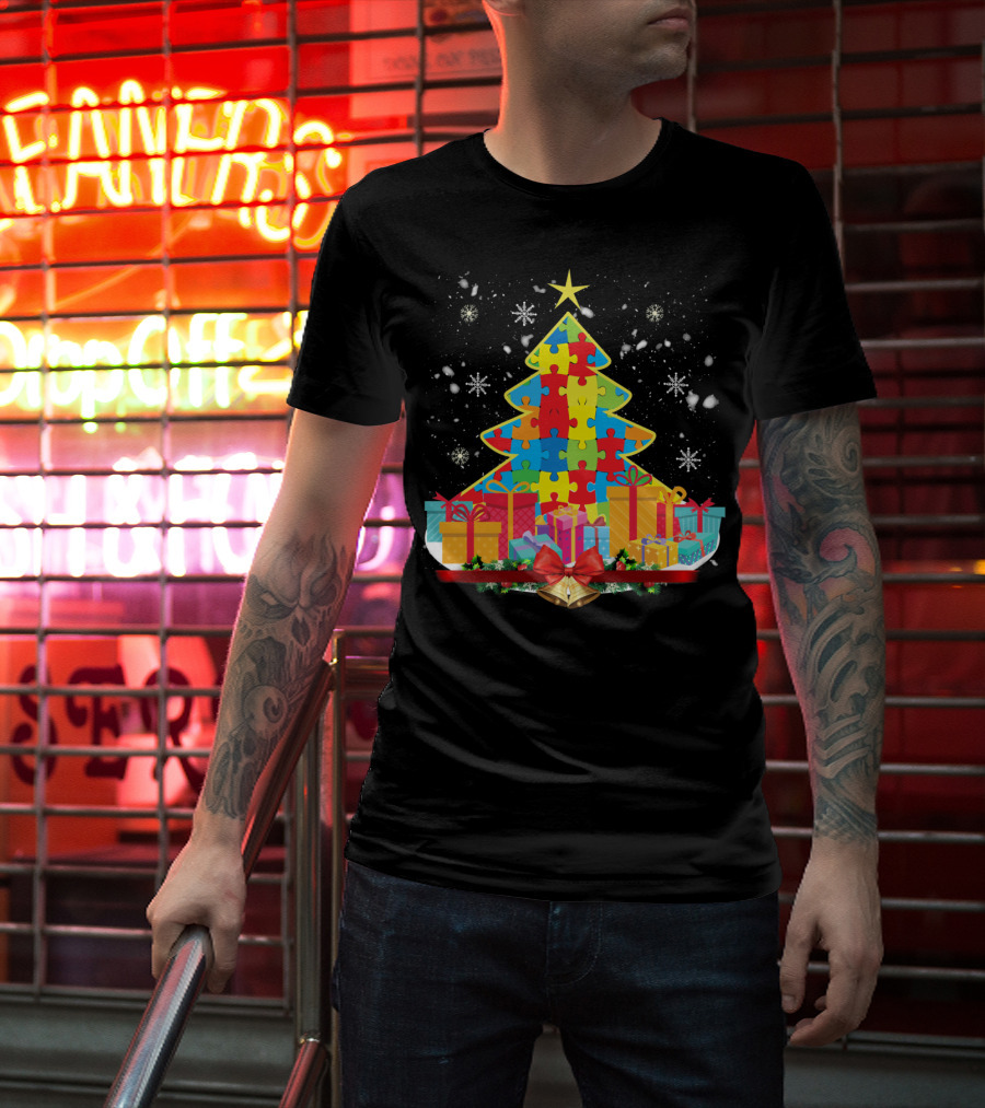 Christmas Tree Puzzle Pieces Autism Awareness T-Shirt