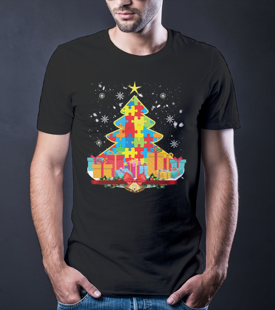 Christmas Tree Puzzle Pieces Autism Awareness T-Shirt