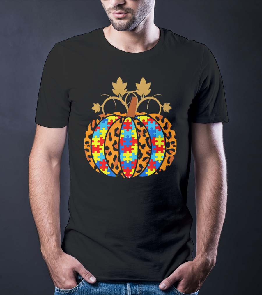 Autism Awareness Puzzle Pieces Leopard Print Pumpkin T-Shirt