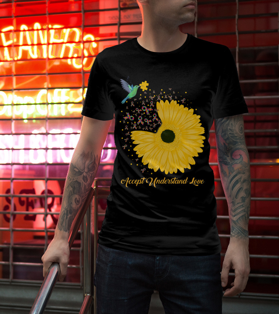 Sunflower Accept Understand Love Puzzle Piece Hummingbird Autism Awareness T-Shirt