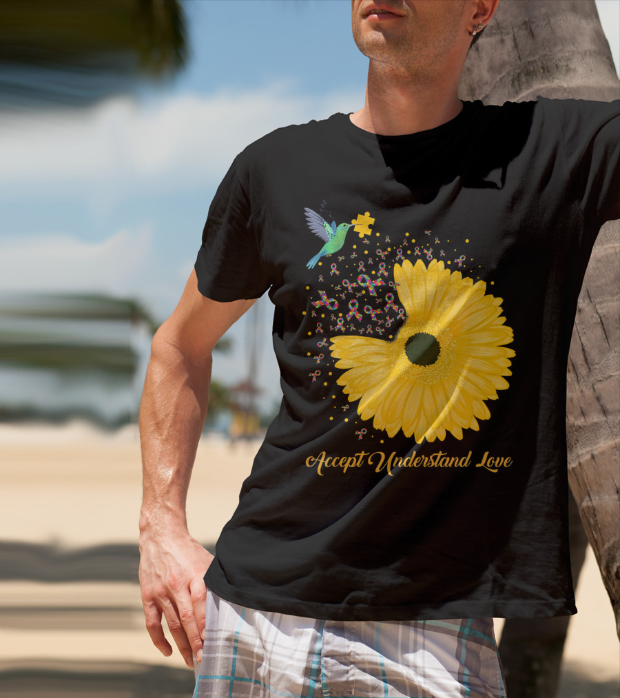 Sunflower Accept Understand Love Puzzle Piece Hummingbird Autism Awareness T-Shirt