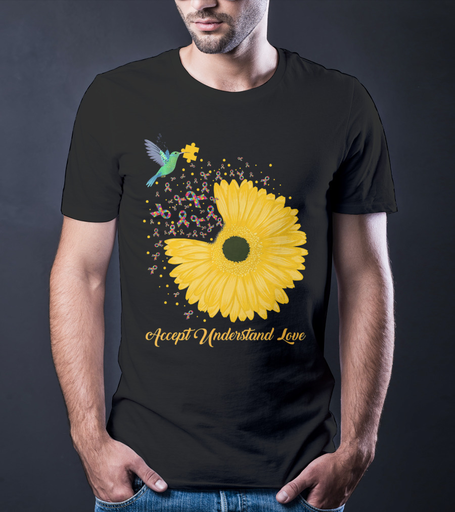 Sunflower Accept Understand Love Puzzle Piece Hummingbird Autism Awareness T-Shirt