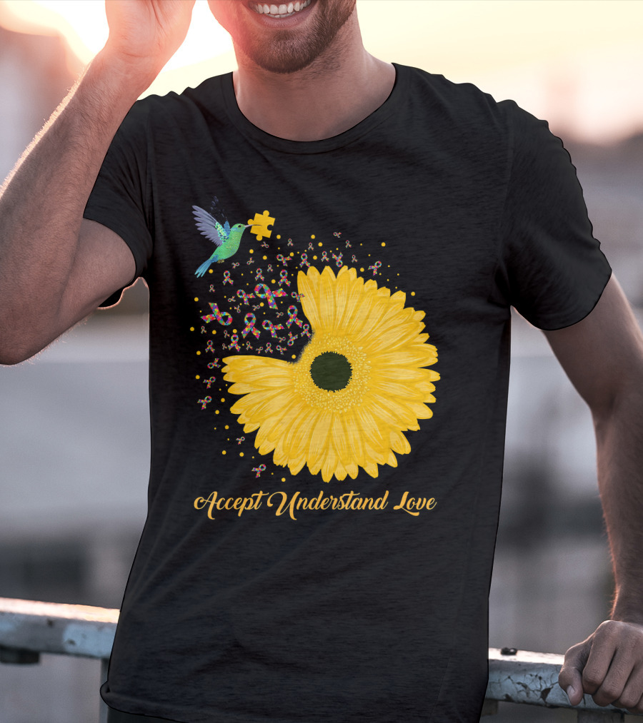 Sunflower Accept Understand Love Puzzle Piece Hummingbird Autism Awareness T-Shirt