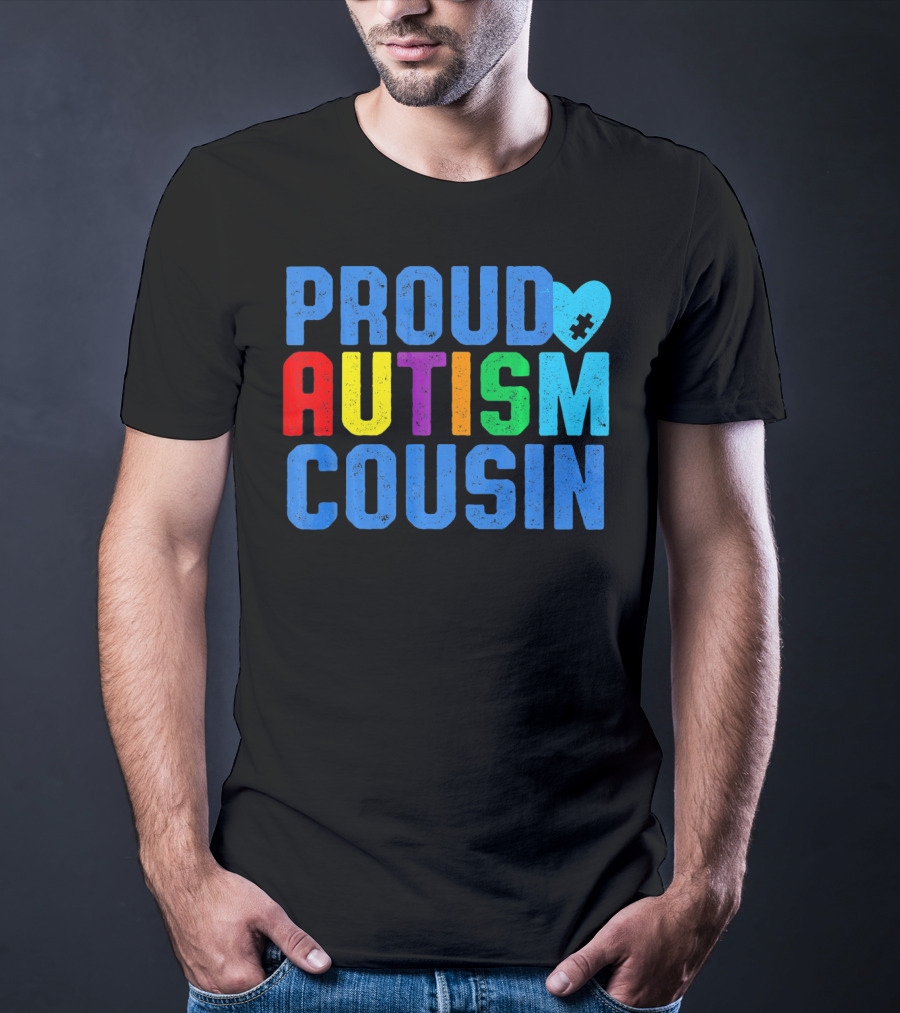 Proud Autism Cousin Family Support Rainbow Puzzle Heart T-Shirt
